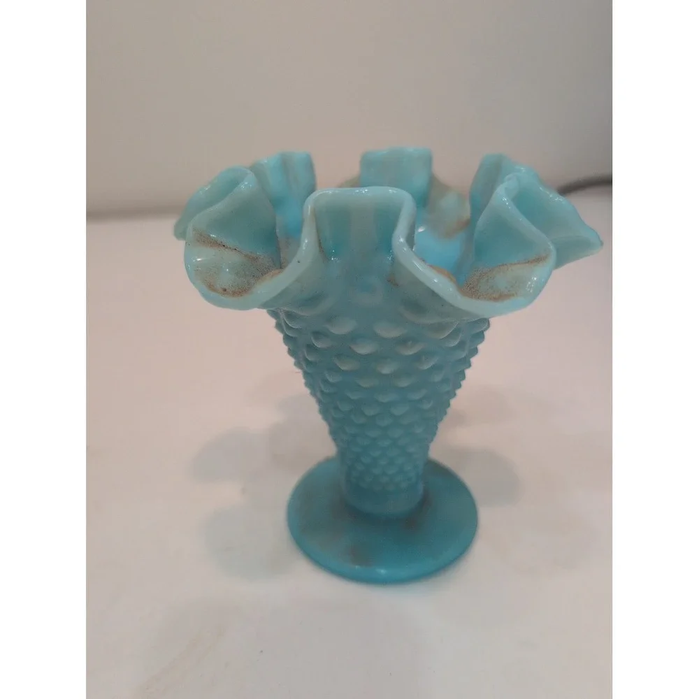 Fenton Art Glass Turquoise Milk Hobnail Trumpet Vase Made in USA